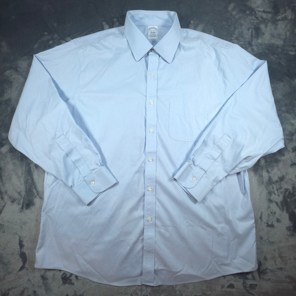 Brooks Brothers Regular Fit Dress Shirt Mens 17 34 Light Blue Non-Iron Stretch